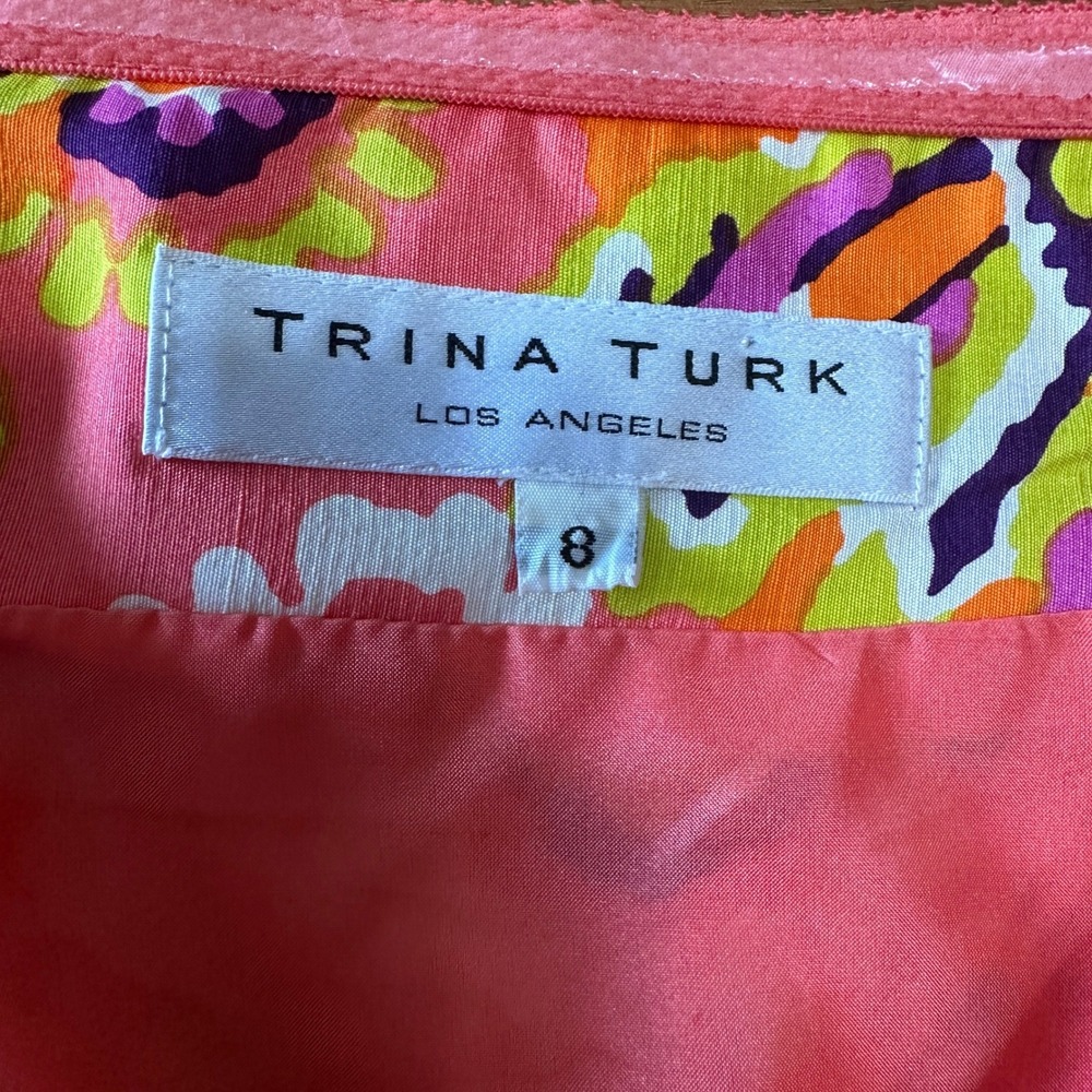 Trina Turk Strapless Silk Mini Shift Dress 8 Pink Coral Floral Mod Resortwear - Picture 10 of 14